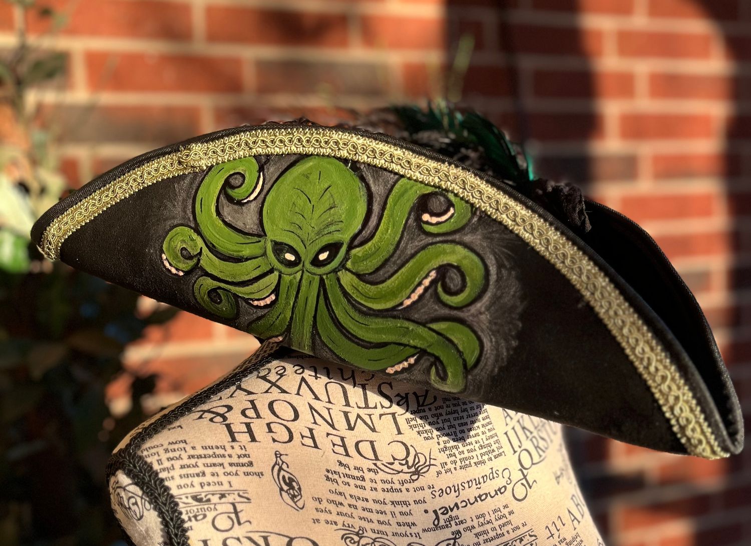 Calypso Black Tricorn Pirate Hat/Handpainted Green Kraken
