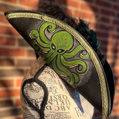 Calypso Black Tricorn Pirate Hat/Handpainted Green Kraken