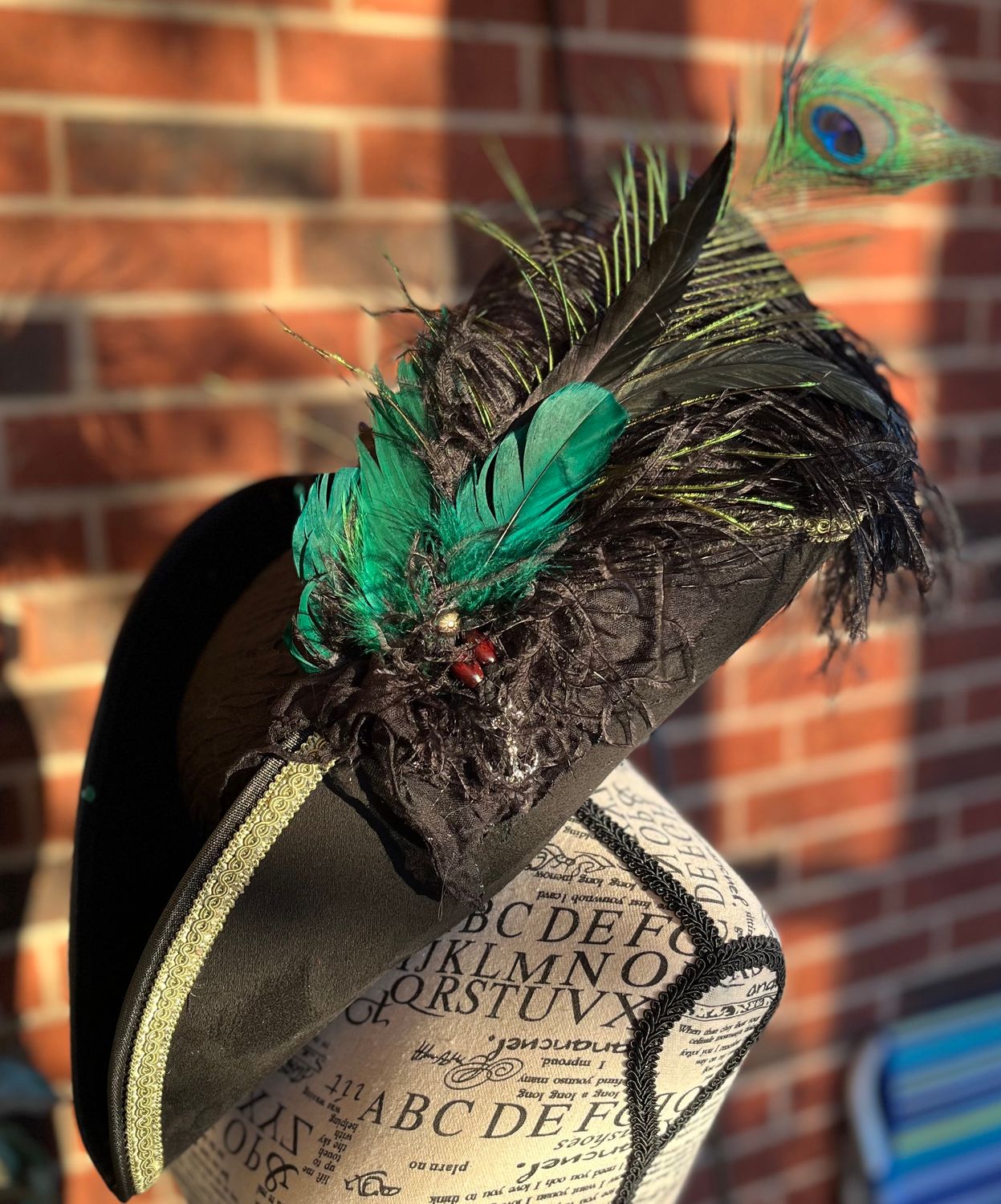 Calypso Black Tricorn Pirate Hat/Handpainted Green Kraken