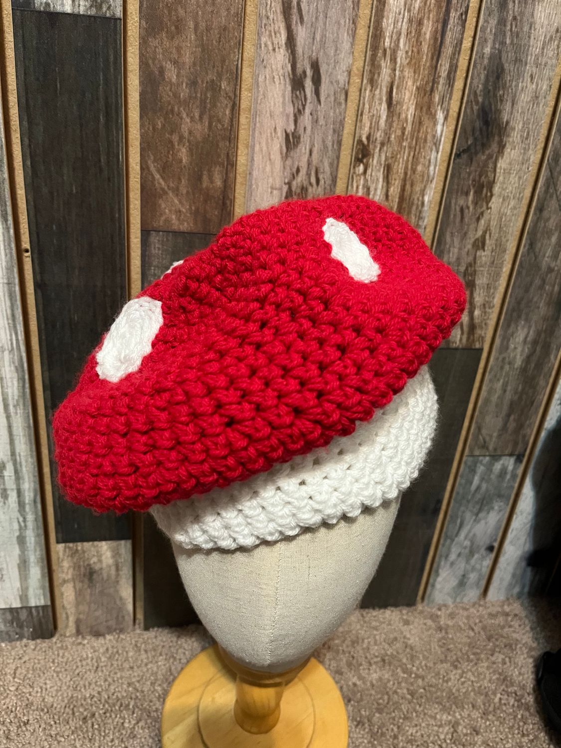 Crochet Mushroom Beanie/Red and white