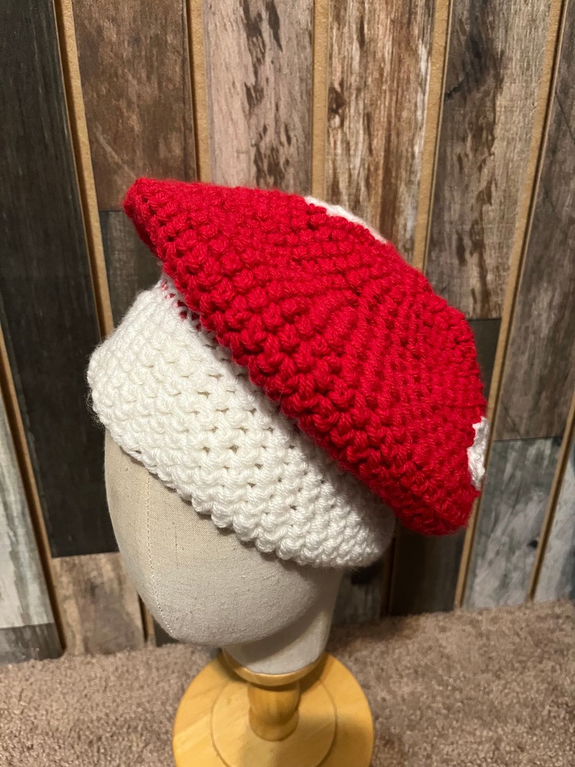 Crochet Mushroom Beanie/Red and white