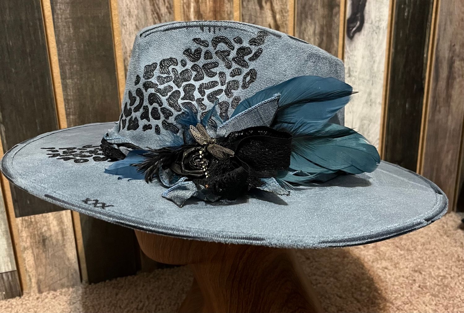Tash Denim blue custom burned leopard print rancher