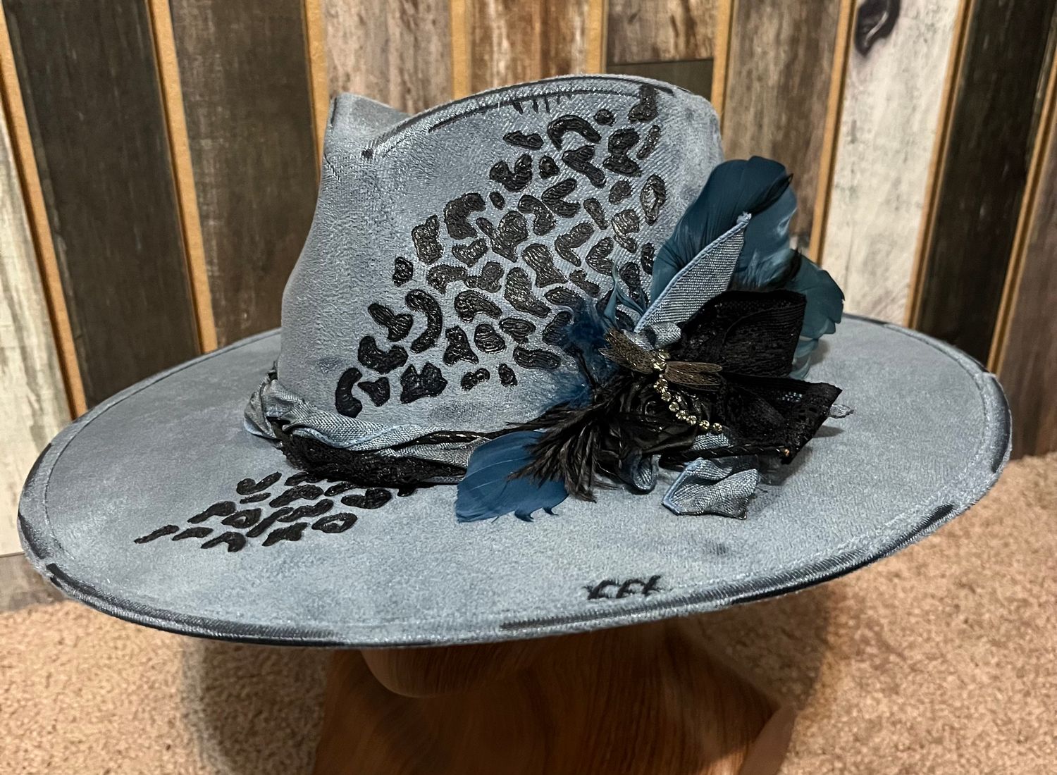 Tash Denim blue custom burned leopard print rancher