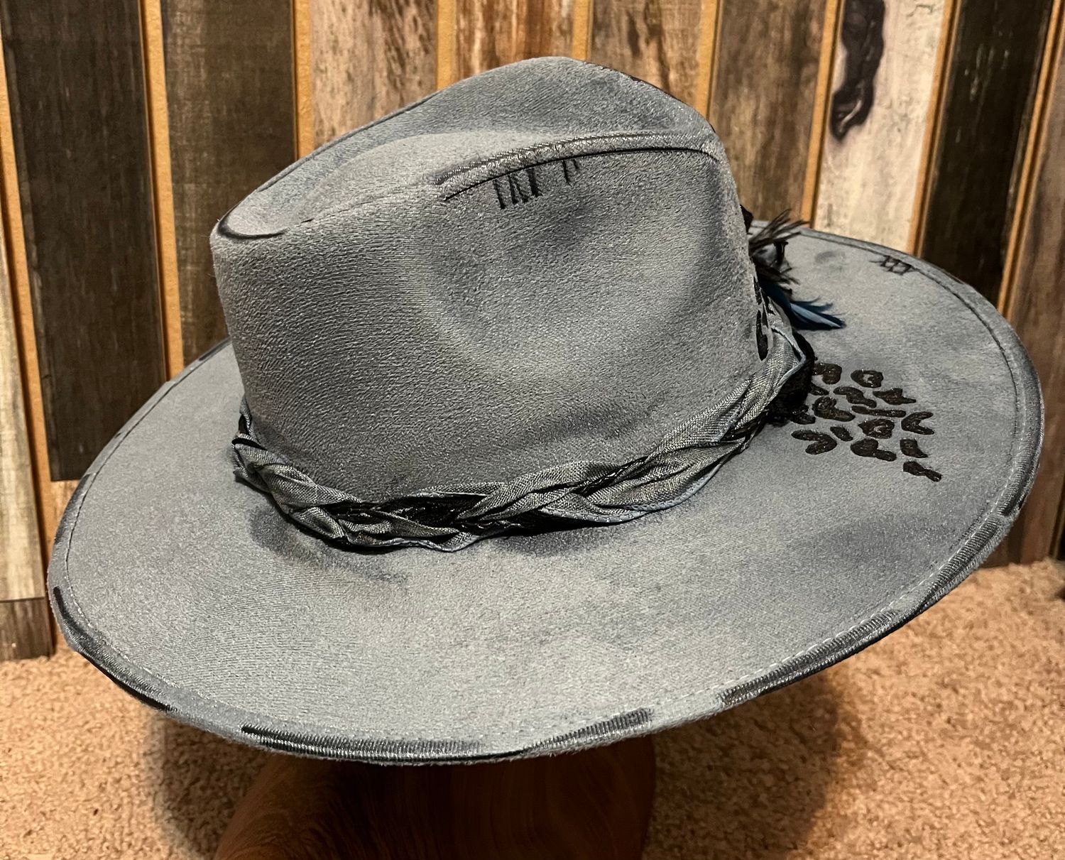 Tash Denim blue custom burned leopard print rancher