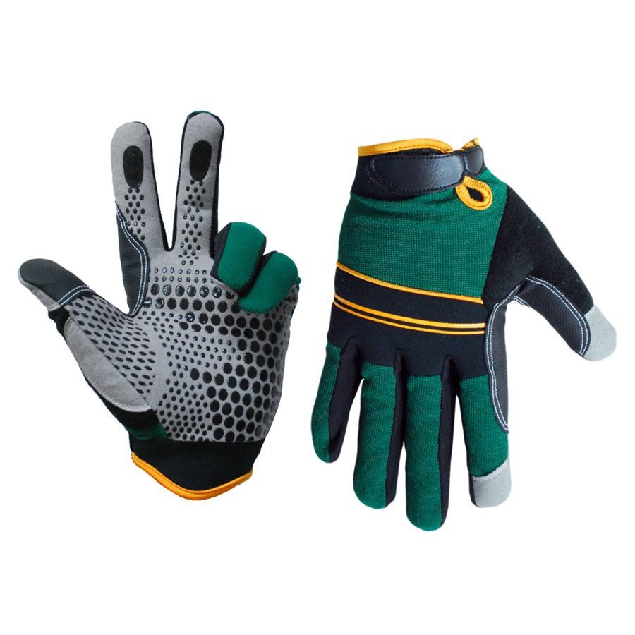 105590 1 Pair Super Gripper Contractor Gloves Green / Black With Synthetic Leather Palm Gray(L)