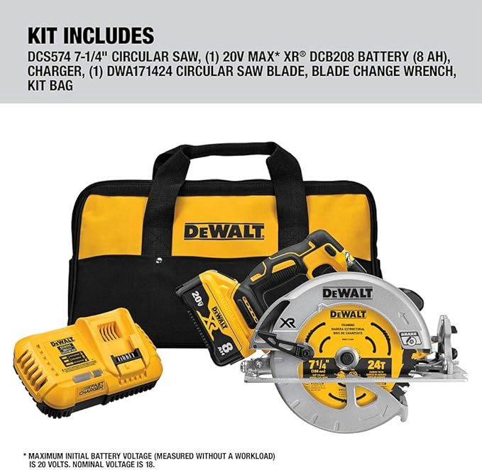 DCS574W1 Dewalt 20V MAX XR POWER DETECT 7-1/4&quot; CIRCULAR SAW (8.0AH) W/ 1 BATTERY AND BAG