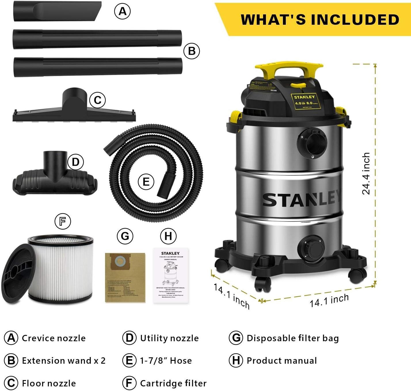 SL18158 STANLEY 8 GALLON STAINLESS STEEL CART Vaccum 5.5HP, 1-7/8&quot; X 6&#39; HOSE, 16&#39; CORD, EXTENSION W…