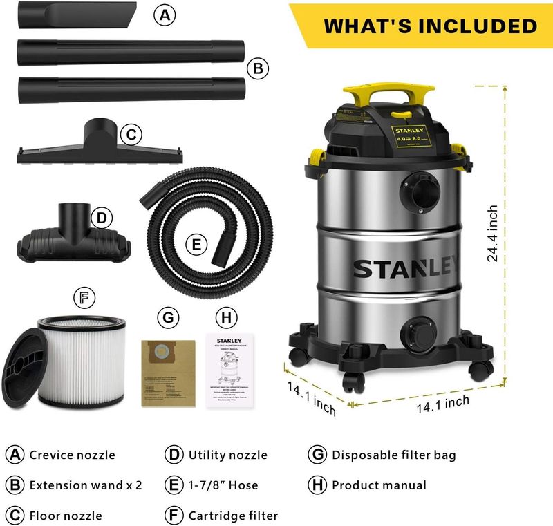SL18158 STANLEY 8 GALLON STAINLESS STEEL CART Vaccum 5.5HP, 1-7/8&quot; X 6&#39; HOSE, 16&#39; CORD, EXTENSION W…