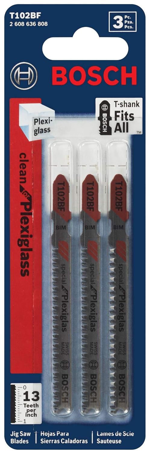 T102BF 3 pc. 3-5/8 In. 13 TPI Clean for Plexiglas T-Shank Jig Saw Blades