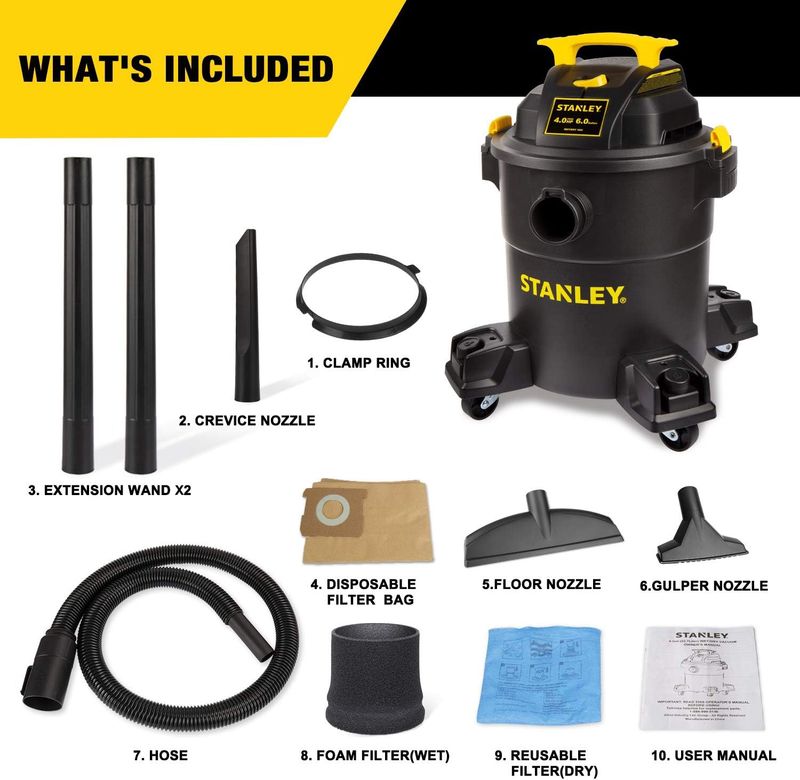 SL18191P STANLEY 10 GALLON POLY Vaccum 4.0HP, 1-7/8" X 6' HOSE, 10' CORD, INCL EXTENSION WAND, CARTRIDGE FILTER, DISPOSABLE DUST BAG, FLOOR NOZZLE, UTILITY NOZZLE, CREVICE TOOL