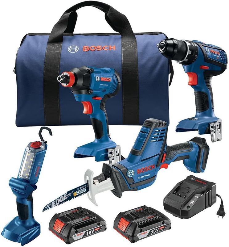 GXL18V-496B22 Bosch 4pc 18V Combo Kit with Drill/Driver, Impact Driver, Recip Saw &amp; LED Worklight