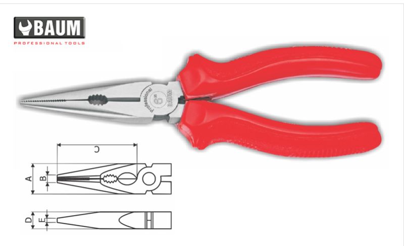 14 Long Nose Pliers, Steel- C60, Finish- Polished 8&quot; / 200 MM BAUM