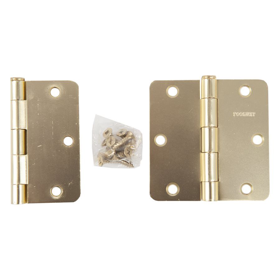 100924 2PC Door Hinge 3 12in x 3 12in Round Corner 14in Brass Plated Steel