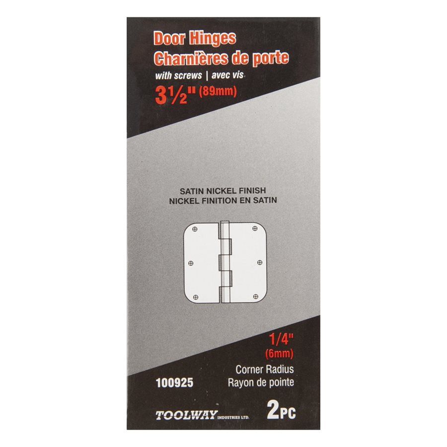 100925 2PC Door Hinge 3 12in x 3 12in Round Corner 14in Satin Nickel Steel