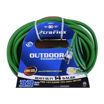 140013 Extension Cord Outdoor SJEOW 14/3 1-Outlet Lighted 30ft Green