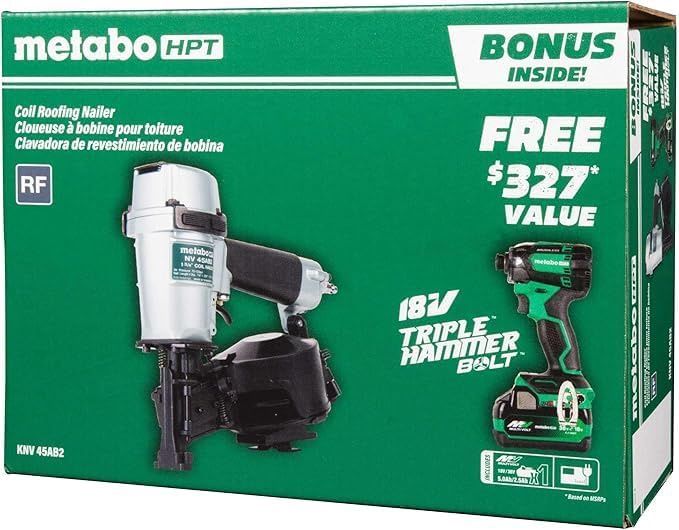 KNV45AB2M Metabo Pro Bundle 1-3/4in Coil Roofing Nailer with BONUS Impact Driver 5.0Ah Kit