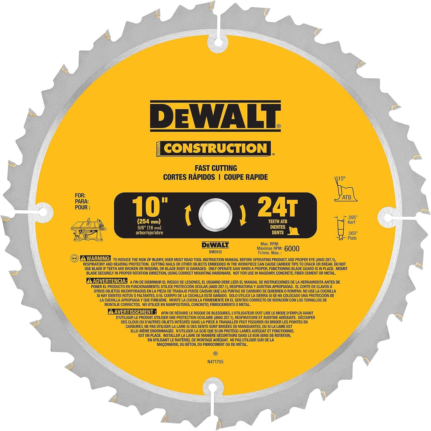 DW3112 10IN 24T JOBSITE SAW BLD