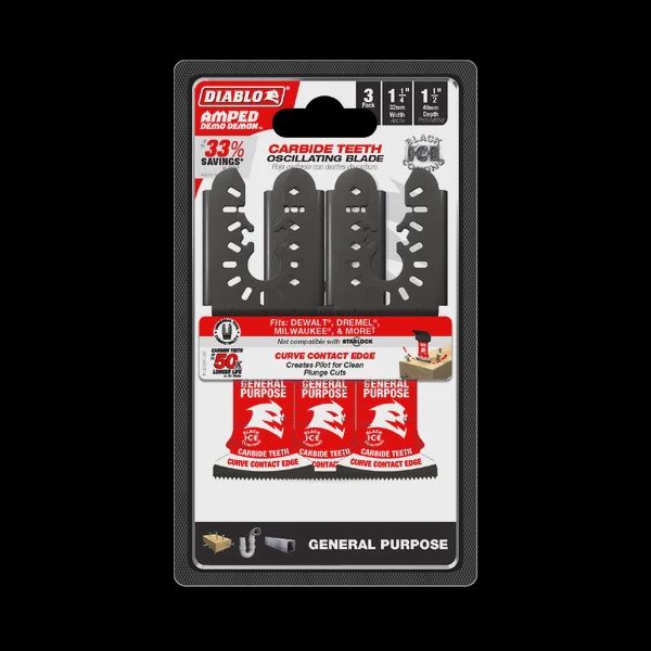 1-1/4&quot;(w) x 1-1/2&quot;(d) AMPED™ Demo Demon™ Universal Fit Carbide Teeth Oscillating Blade for General Purpose Cuts (3-pk)