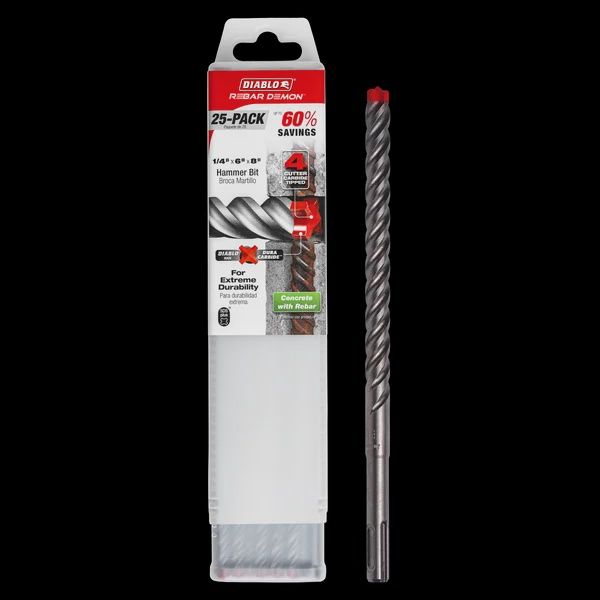 1/2&quot; x 6&quot; x 8&quot; Rebar Demon™ SDS-Plus 4-Cutter Full Carbide Head Hammer Drill Bit (25-pk)