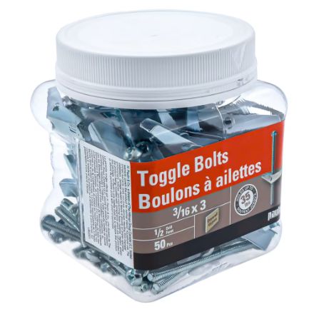 H Paulin 537-334 3/16X3 TOGGLE BOLTS-ZINC PLATED (50 pcs)