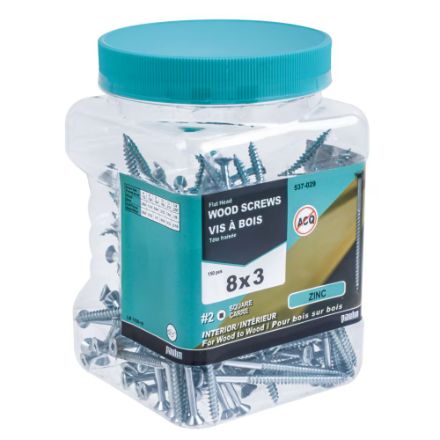 H Paulin 537-029 8 x 3-inch Flat Head Square Drive Wood Screws - Zinc Plated - 150pcs