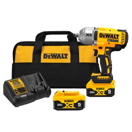 DEWALT 20V MAX XR 1/2 In. High Torque Impact Wrench Kit with Hog Ring, (2) 5Ah Batteries, Charger and Bag DCF900P2