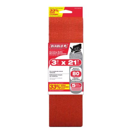 Diablo 3-inch x 21-inch Medium Finish 80 Grit Sand Paper Belt for Wood/Metal/Plastic Sanding (5 Pack)
