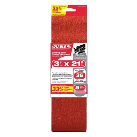 Diablo 3-inch x 21-inch Ultra Coarse Finish 36 Grit Sand Paper Belt for Wood/Metal/Plastic Sanding (5 Pack)