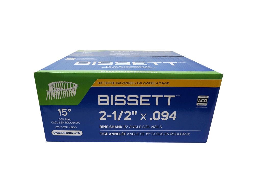BISSETT 2-1/2&quot;x.094 15deg RING HOT DIP GALV SIDING COIL NAIL 4.5m