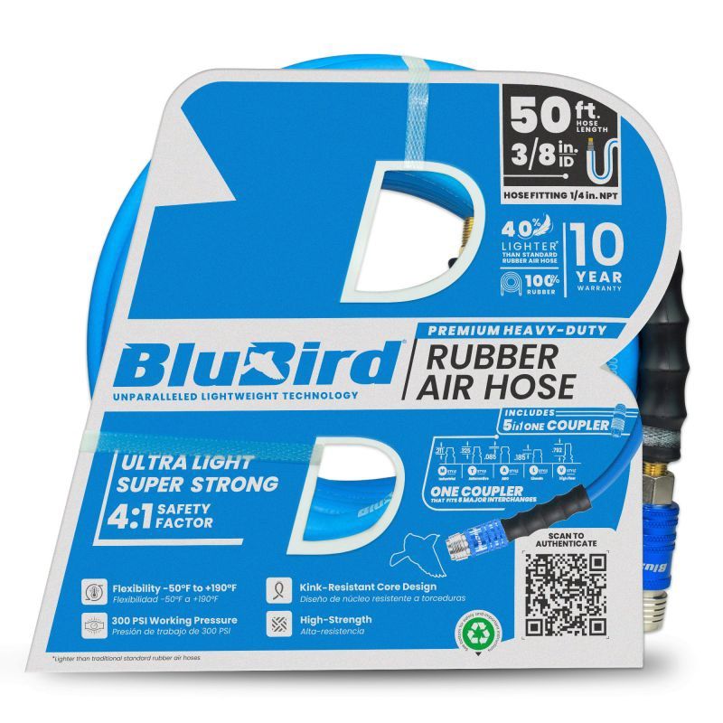 BLB-BB3850: PG106 - BLUBIRD RUBBER AIR HOSE ASSEMBLY 3/ 8&quot; X 50&#39; - 3/8&quot; MALE-NPT, 300 PSI, EPDM