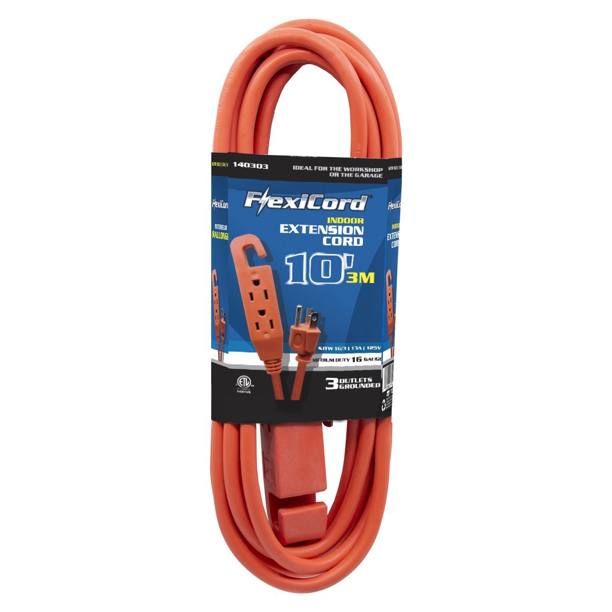 Extension Cord Indoor SJTW 16/3 3-Tap 10ft Orange