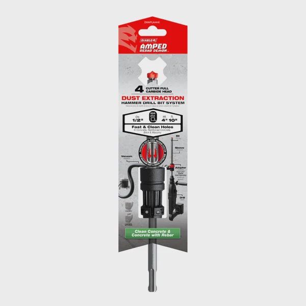1/2" x 4" x 10" AMPED™ Rebar Demon™ SDS-Plus 4-Cutter Full Carbide Head Dust Extraction Hammer Drill Bit