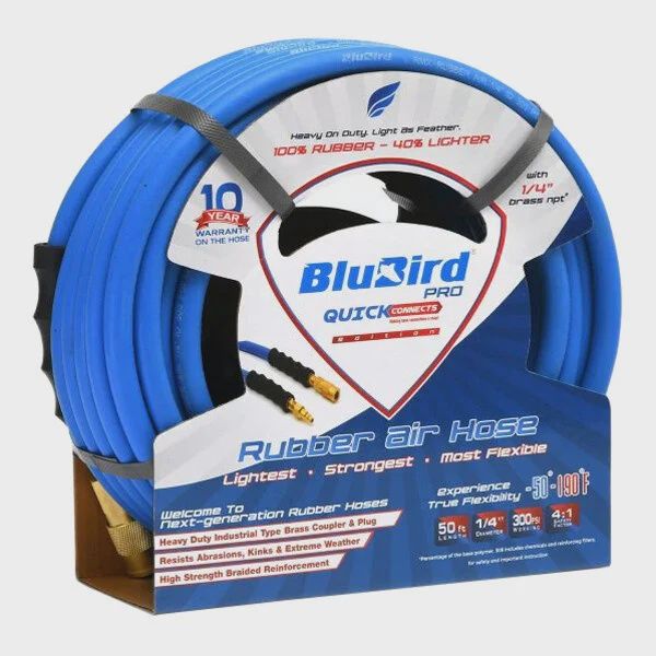 BLB-BB1450: PG106 - BLUBIRD RUBBER AIR HOSE ASSEMBLY 1/ 4" X 50' - 1/4" MALE-NPT, 300 PSI, EPDM