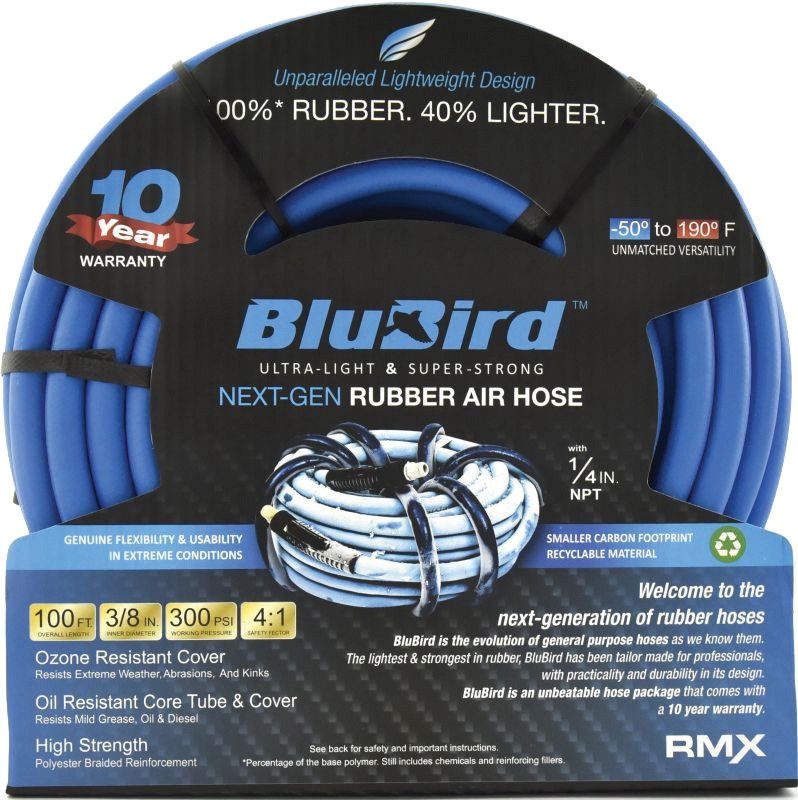 PG105 - BLUBIRD RUBBER AIR HOSE ASSEMBLY 3/8" X 100' - 3/8" MALE-NPT, 300 PSI, EPDM
