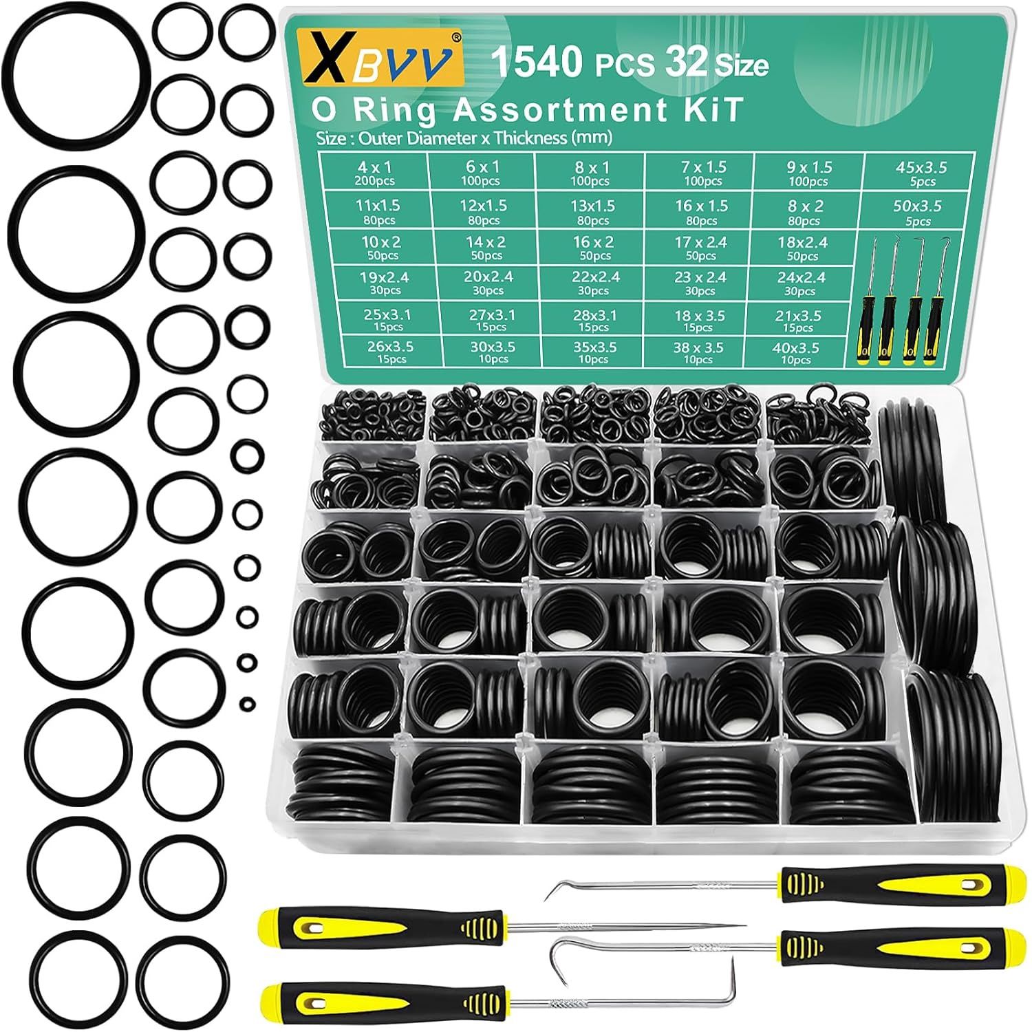 1540 Pcs 32 Size O-Rings Kit Nitrile Rubber Oring Assortment with 4 Hook Set for Various Car Auto Vehicle Repair Plumbing Pressure Washer Air or Gas Sealing Connections Resist Oil and Heat