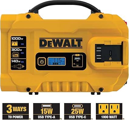 DEWALT DXAEPIP3W 20V, 3-Way Powered (Clamps, Battery, DC Plug) 1000 Watt Power Inverter; Dual AC Outlets, 1 USB-A Port, &amp; 1 USB-C 30W Port