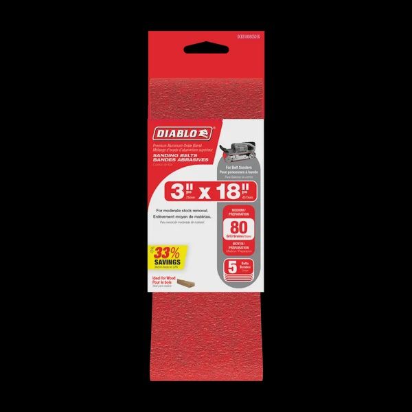 Diablo 3-inch x 18-inch Medium Finish 80 Grit Sand Paper Belt for Wood/Metal/Plastic Sanding (5 Pack)