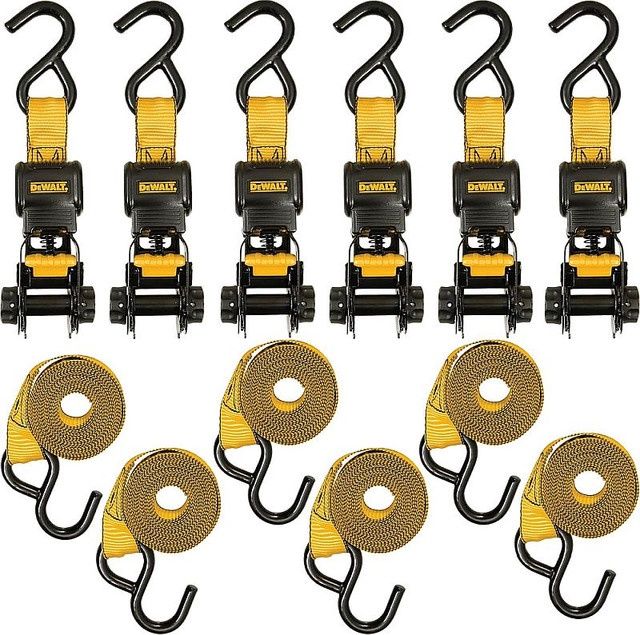 DEWALT 1in x 10ft Ratchet Tie Down Strap 500lb Safe Working Load 1500lb Break Strength Black Yellow 6 Pieces