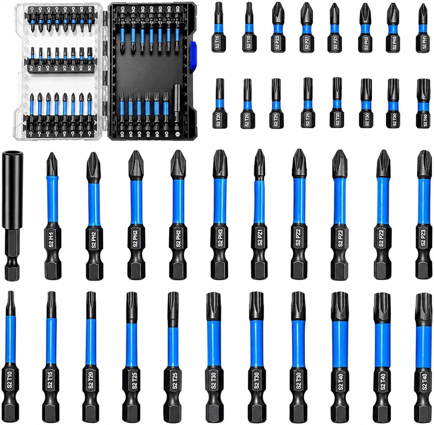38pcs Impact Driver Bit Set, Magnetic S2 Screwdriver Bit Set, Hex Key Bit Set, Phillips, Pozidriv and Torx with 1/4” Hex Shank Bits for Electric Screwdriver
