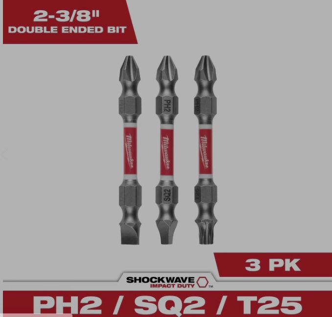 Milwaukee 3PC SHOCKWAVE Drill Bit  Impact Duty PH2/SQ2/T25 Double Ended Bits
