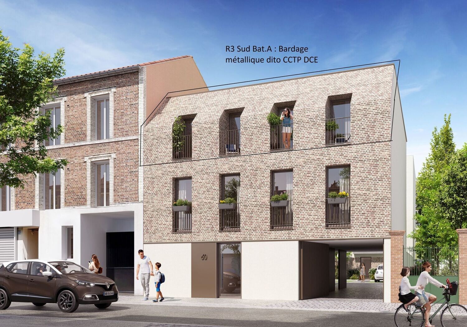 Illustration 3D d'un immeuble de deux étages avec un passage de véhicule sous un porche