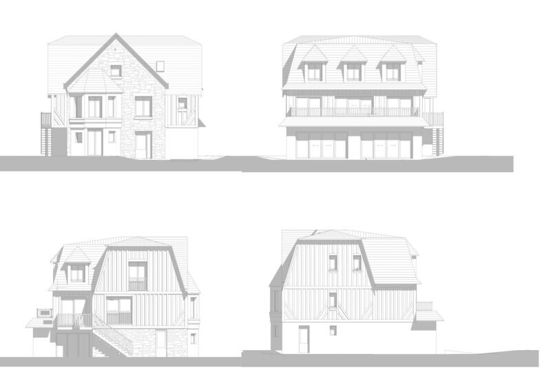 Les quatre vues d'un plan d'un bâtiment sur trois niveaux