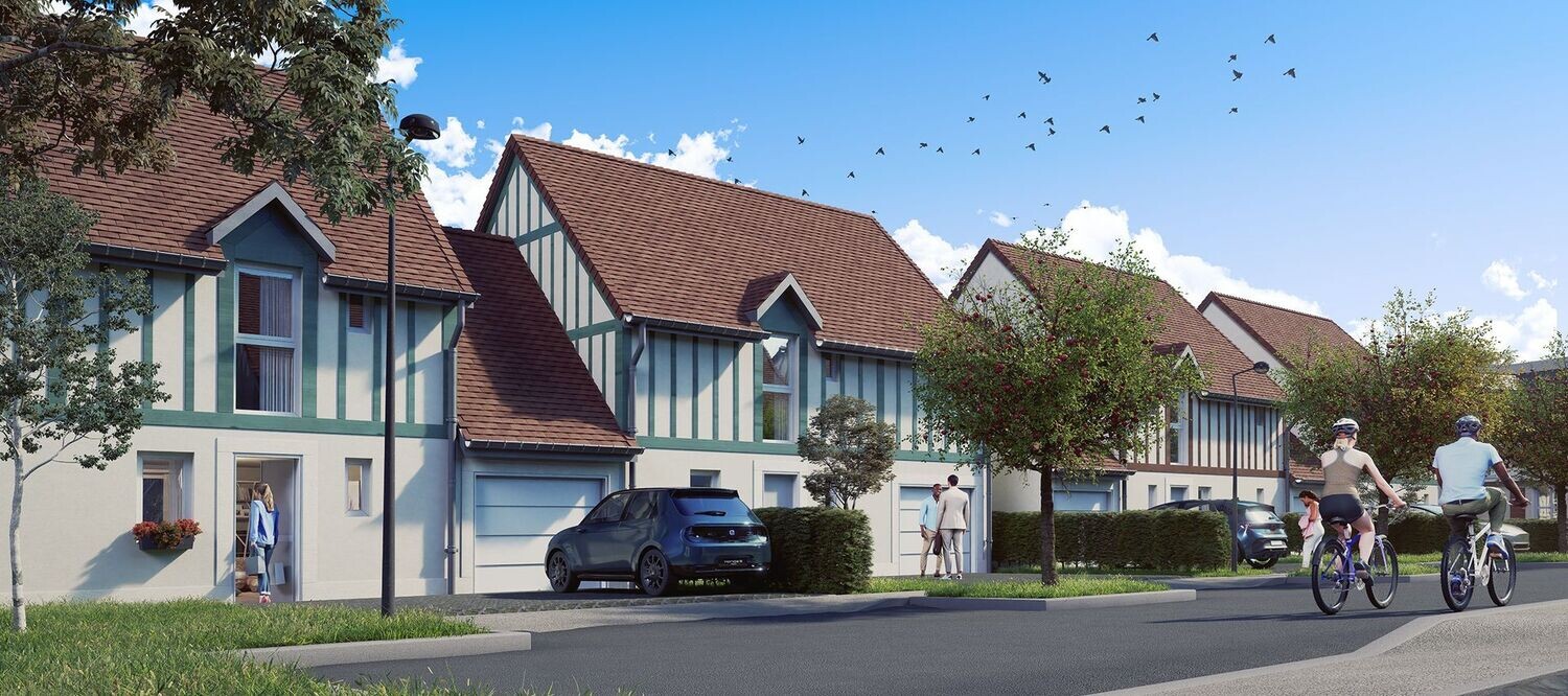 Illustration 3D de plusieurs maisons cottage identiques juxtaposées
