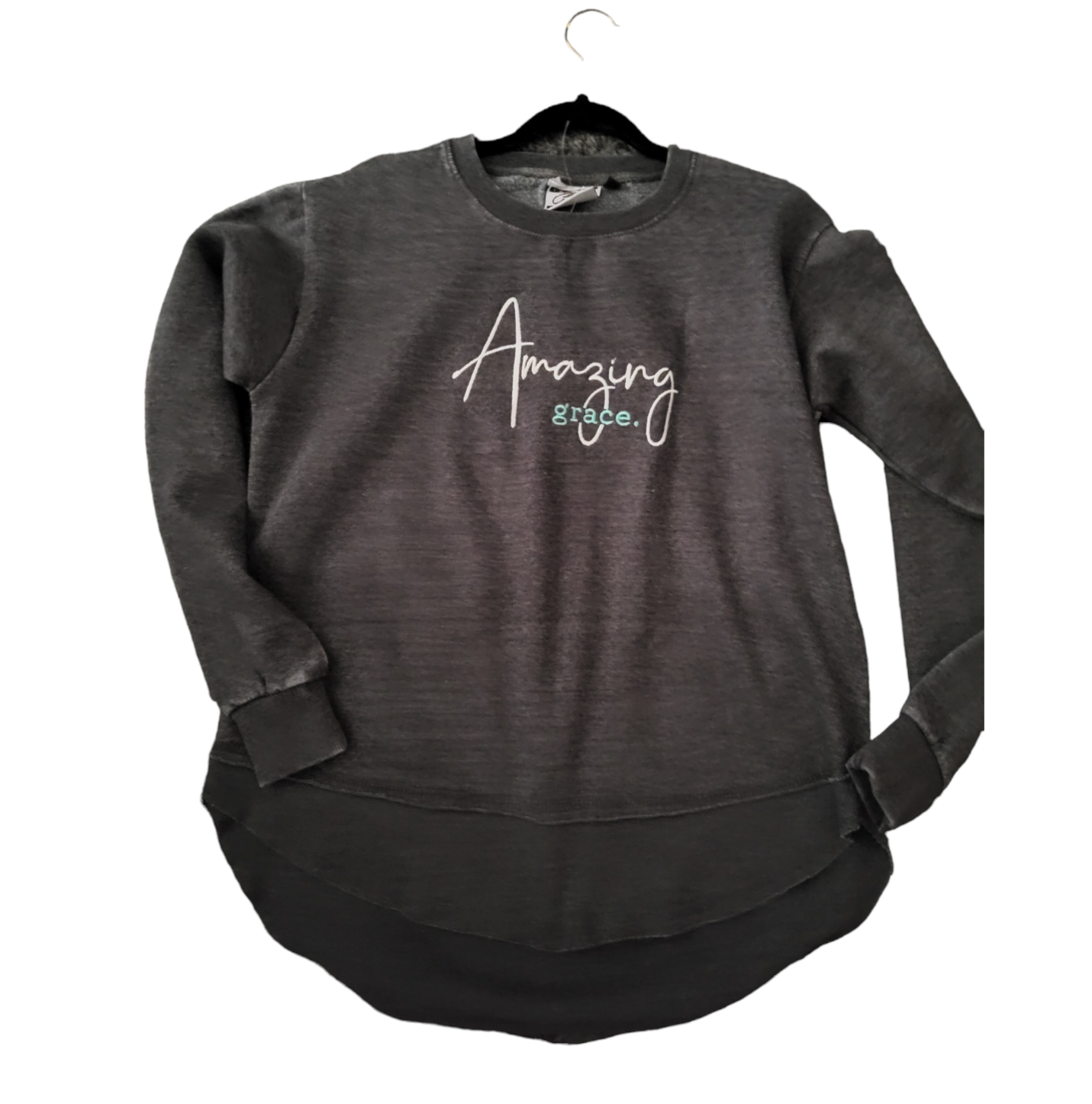 Amazing grace crewneck with high low hem. Gray color.