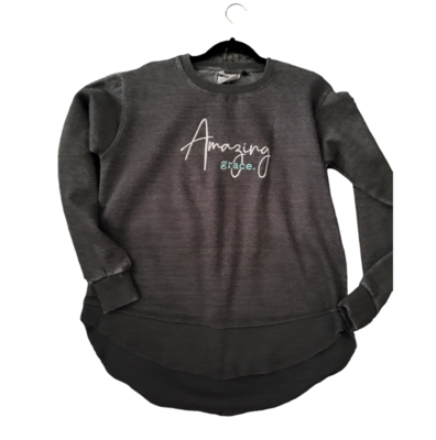Amazing grace crewneck with high low hem. Gray color.