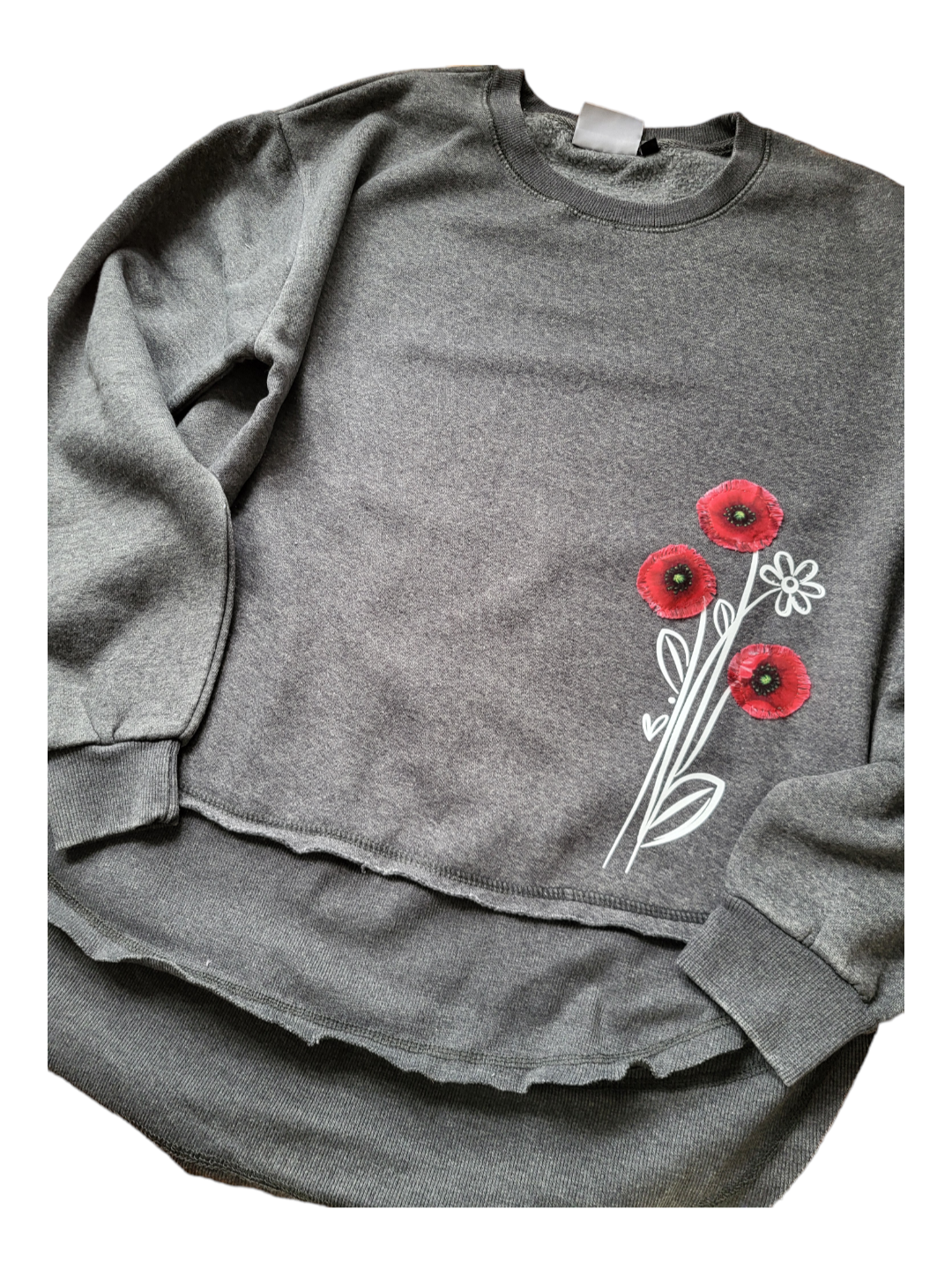 Fringed flowers high low sweat. Gray