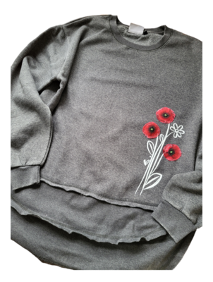 Fringed flowers high low sweat. Gray