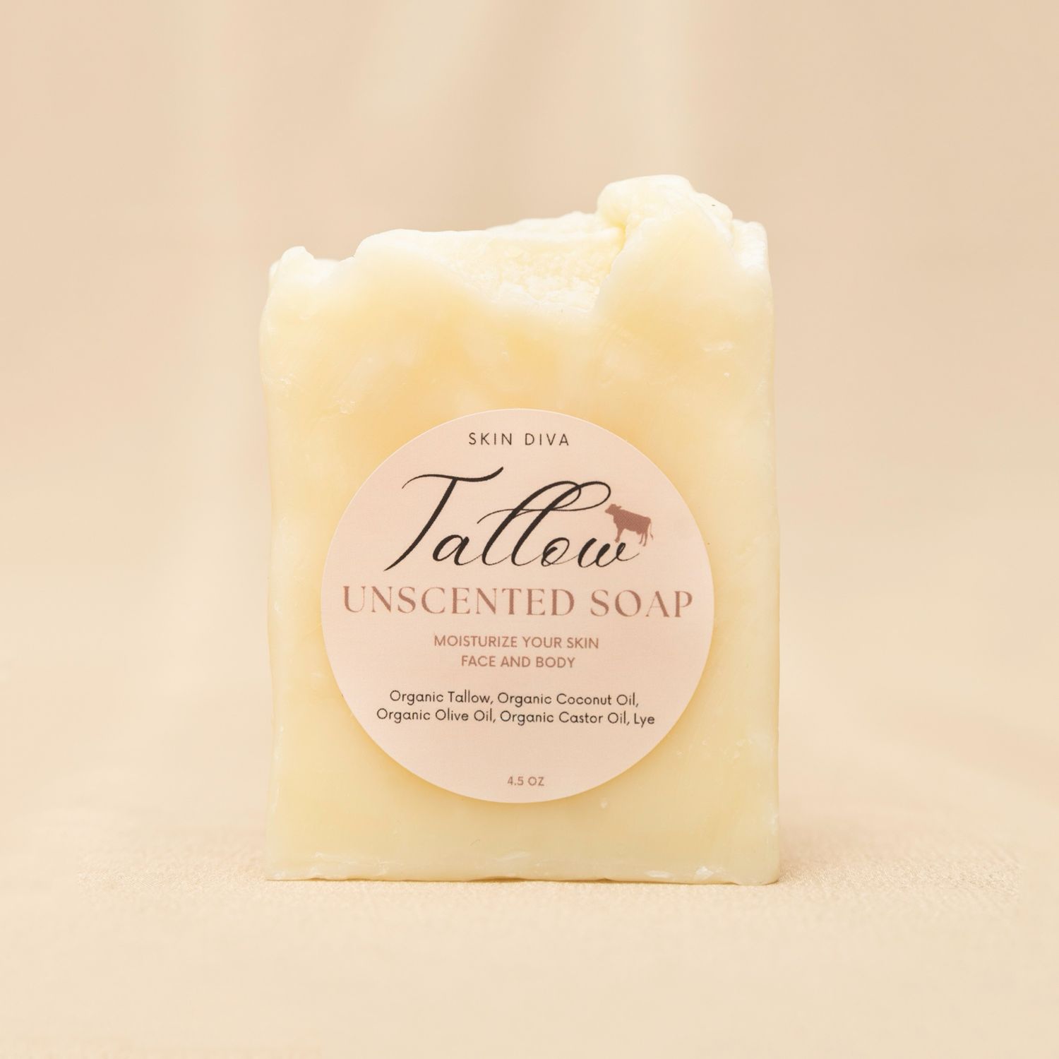 Skin Diva Tallow Unscented Coconut Oil, Olive Oil And Castor Oil Bar Soap