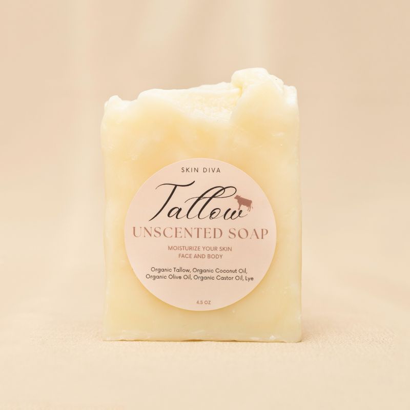 Skin Diva Tallow Unscented Coconut Oil, Olive Oil And Castor Oil Bar Soap