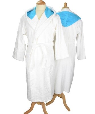 AR026 Hooded Bathrobe - White/Aqua Blue